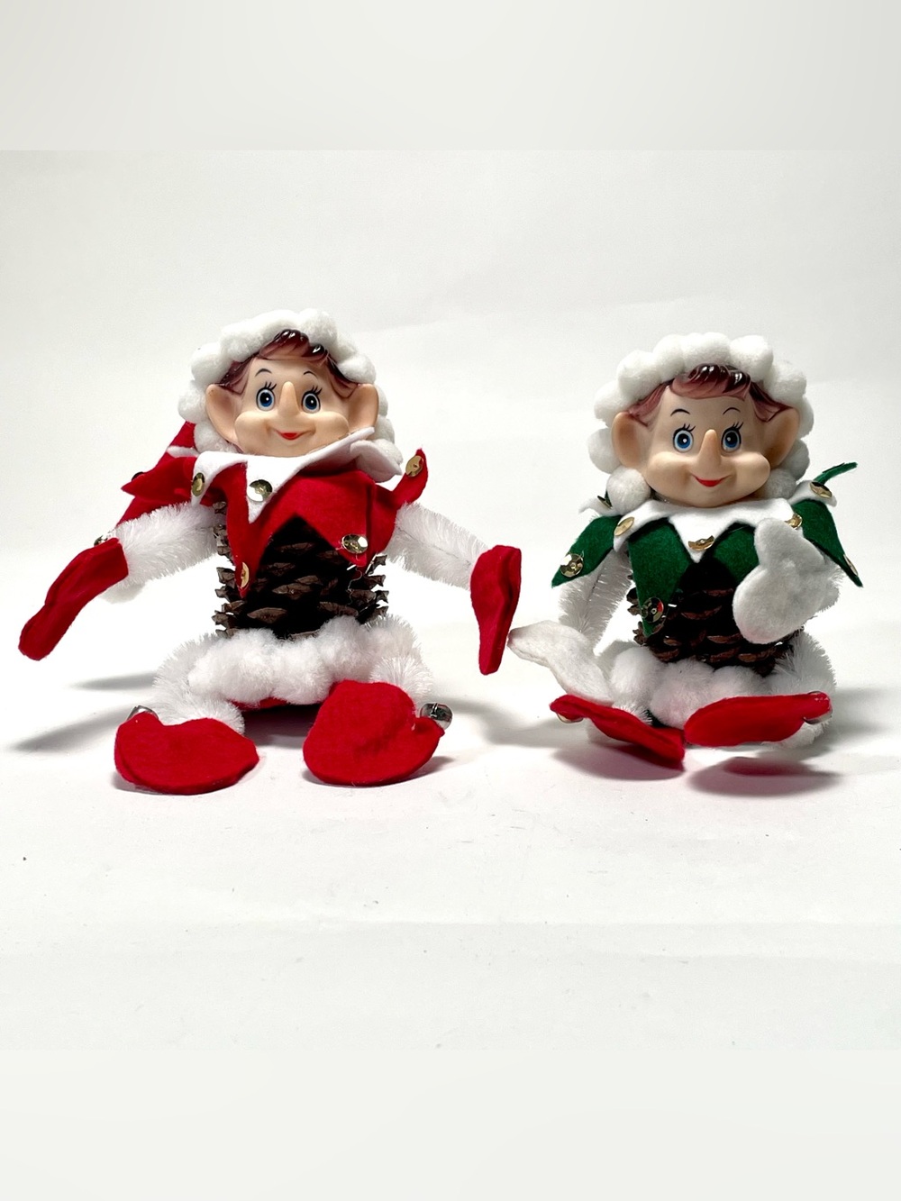 Vintage Pinecone Christmas Elf Pixie Figures Set of 2 Retro Jingle Bell Decor - Picture 1 of 7